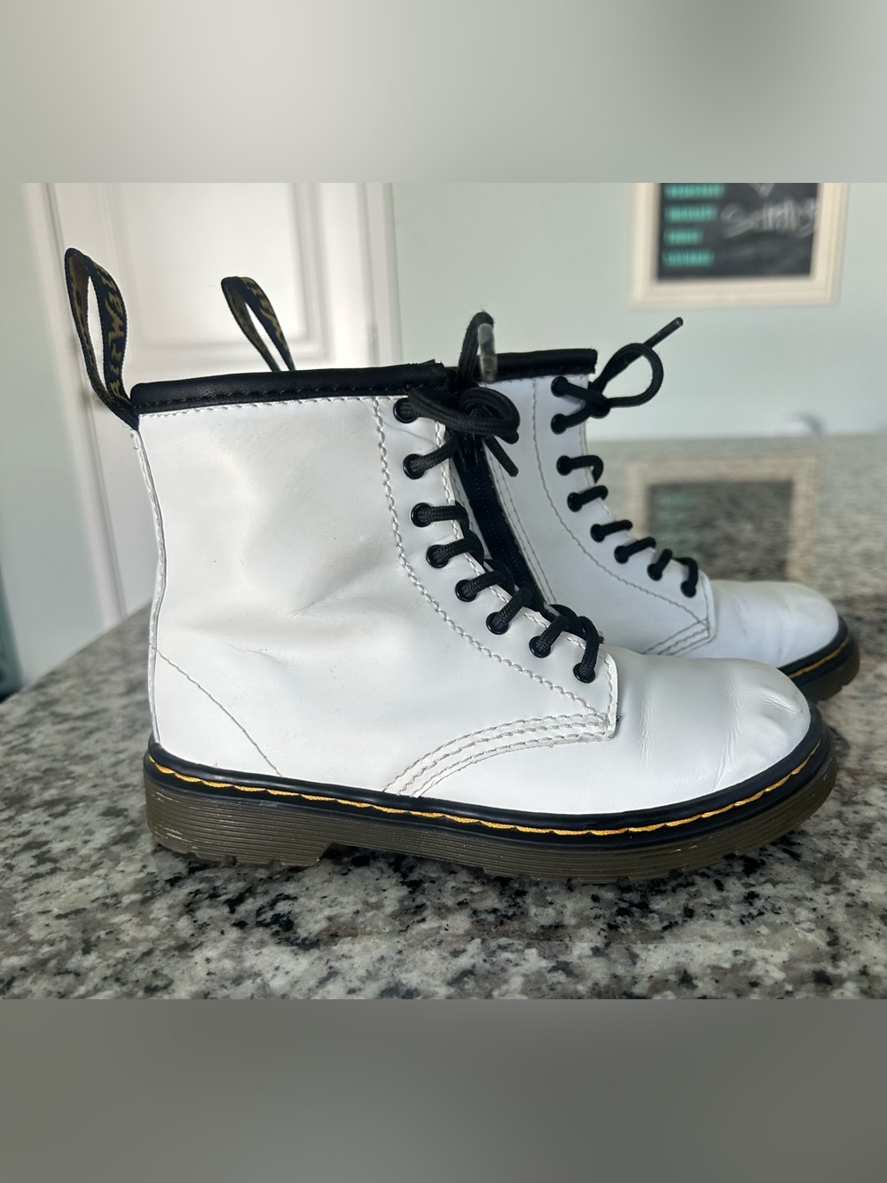 Dr. Martens 1460T White Leather Lace-Up Boots with Black Accents. Size 10